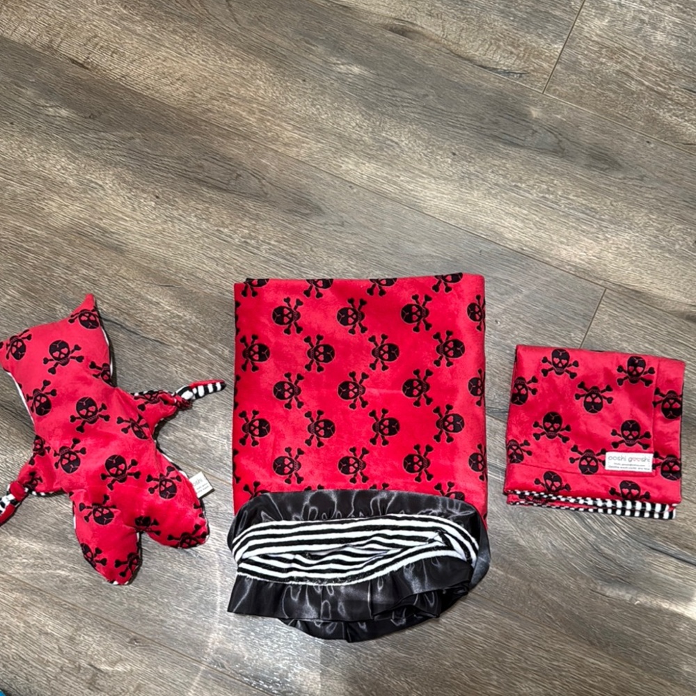 Red and Black skull /stripe Minky baby blanket, flatcat, and lovey